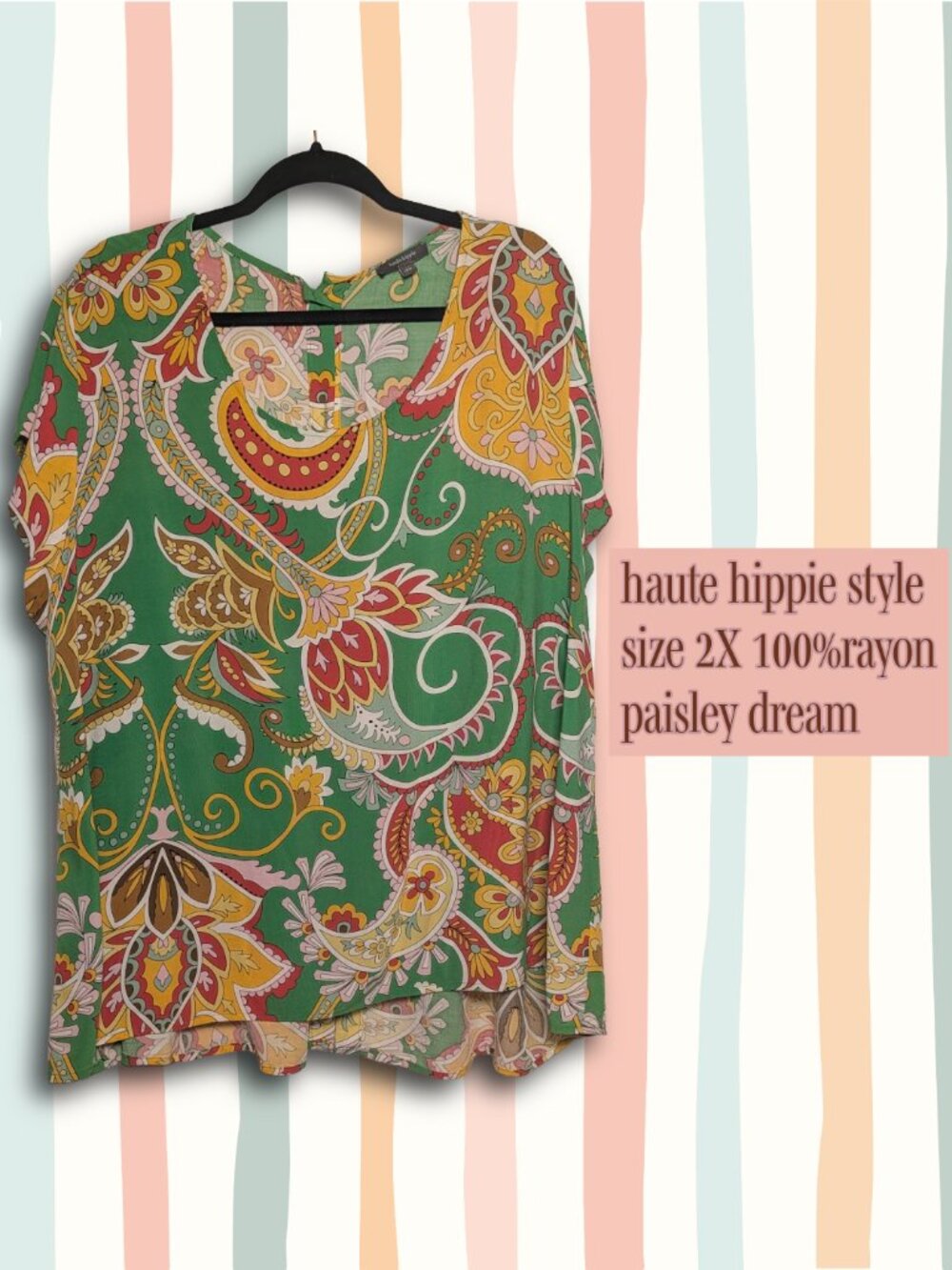 Haute Hippie Style sz 2X Paisley Top - Vibrant Green Boho Blouse